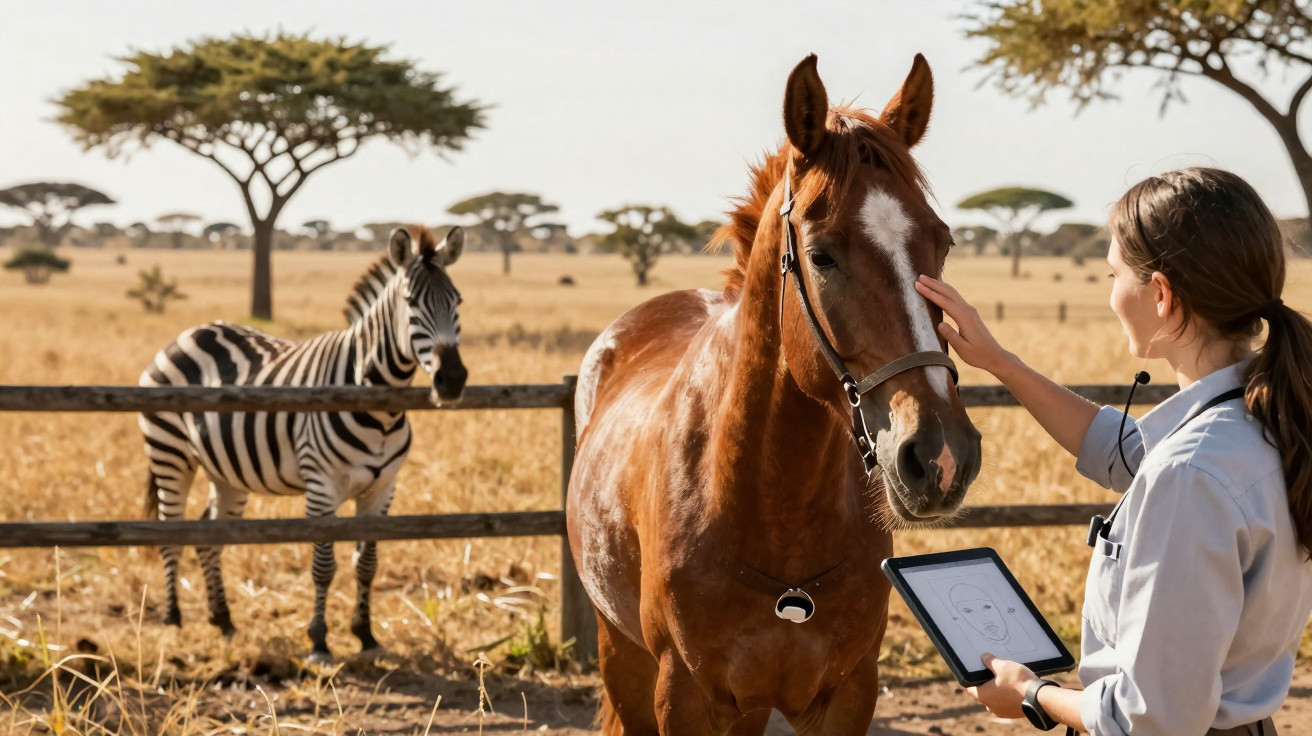Mulher veterinária acaricia cavalo enquanto zebra observa em pastagem seca com árvores ao fundo.