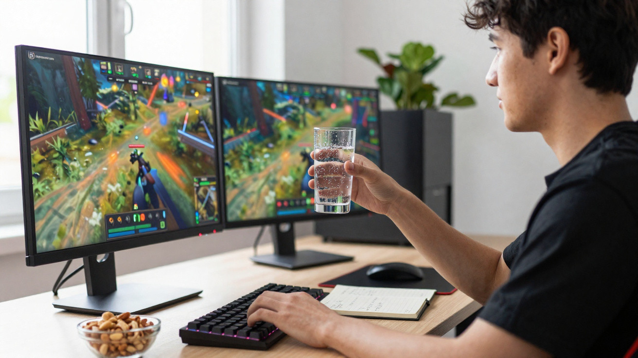 Jovem jogando videogame em computador com duas telas enquanto segura um copo de água.