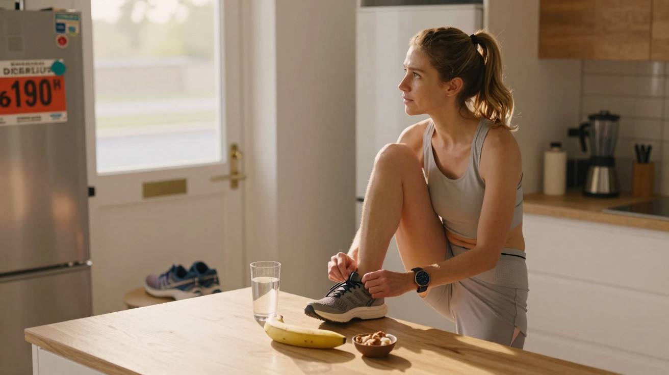 Mulher vestindo roupas esportivas amarrando o tênis na cozinha, com banana, castanhas e copo d'água na mesa.