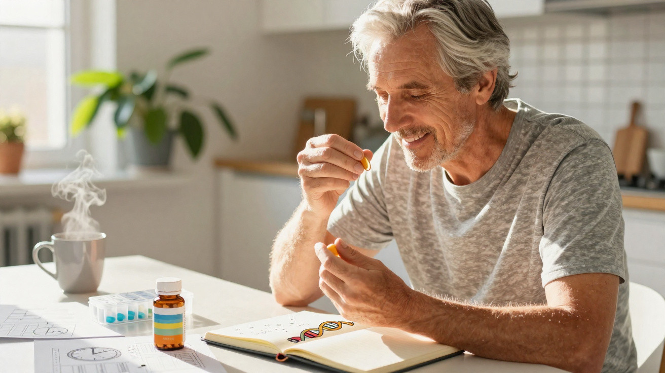 Homem sorridente segurando cápsula amarela sentado à mesa com medicamentos e caderno aberto.