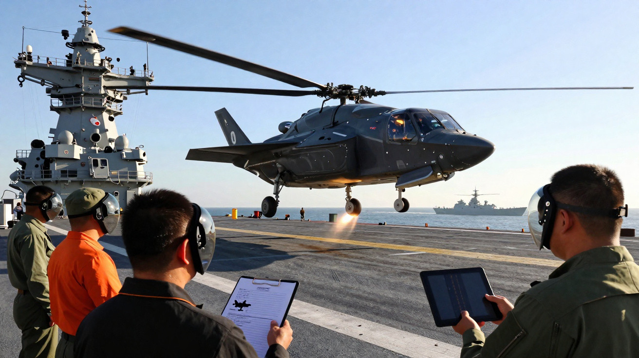 Equipes militares observam aterrissagem de helicóptero preto futurista em porta-aviões no mar.