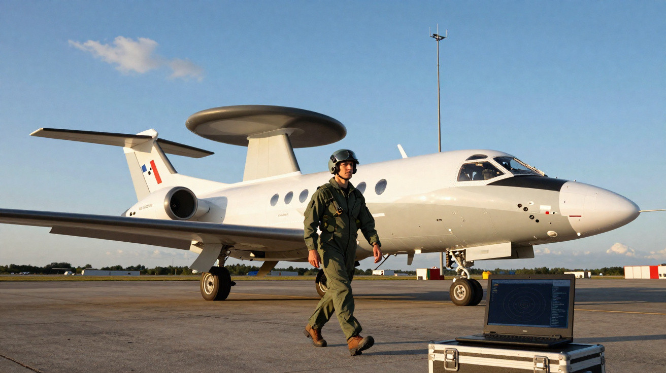 Militar em uniforme caminha próximo a avião de reconhecimento aéreo com radar circular no aeroporto ao entardecer.