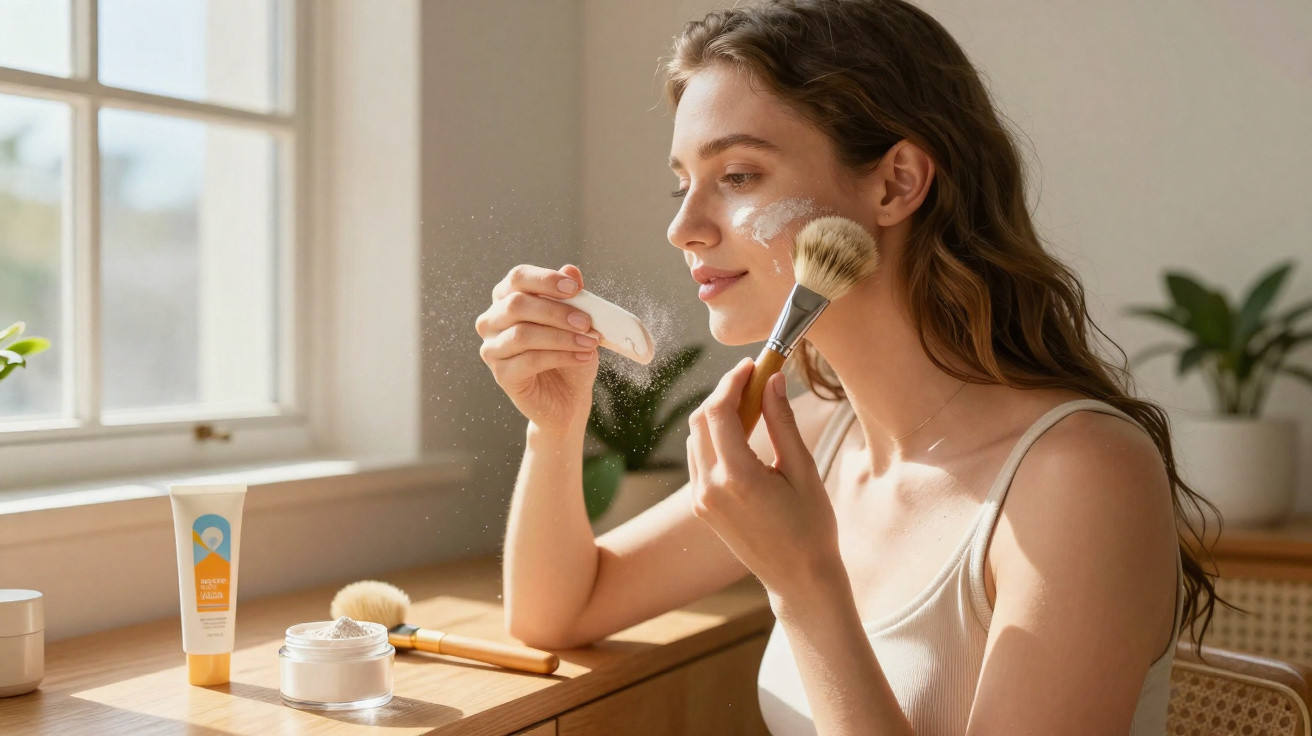 Mulher aplicando pó facial no rosto com pincel em ambiente iluminado por janela.