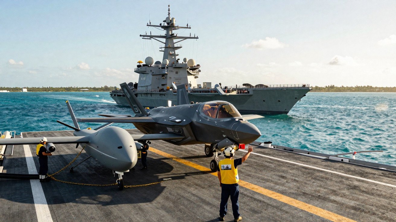 Caça F-35 e drone sobre porta-aviões no mar com tripulação coordenando operações de decolagem.