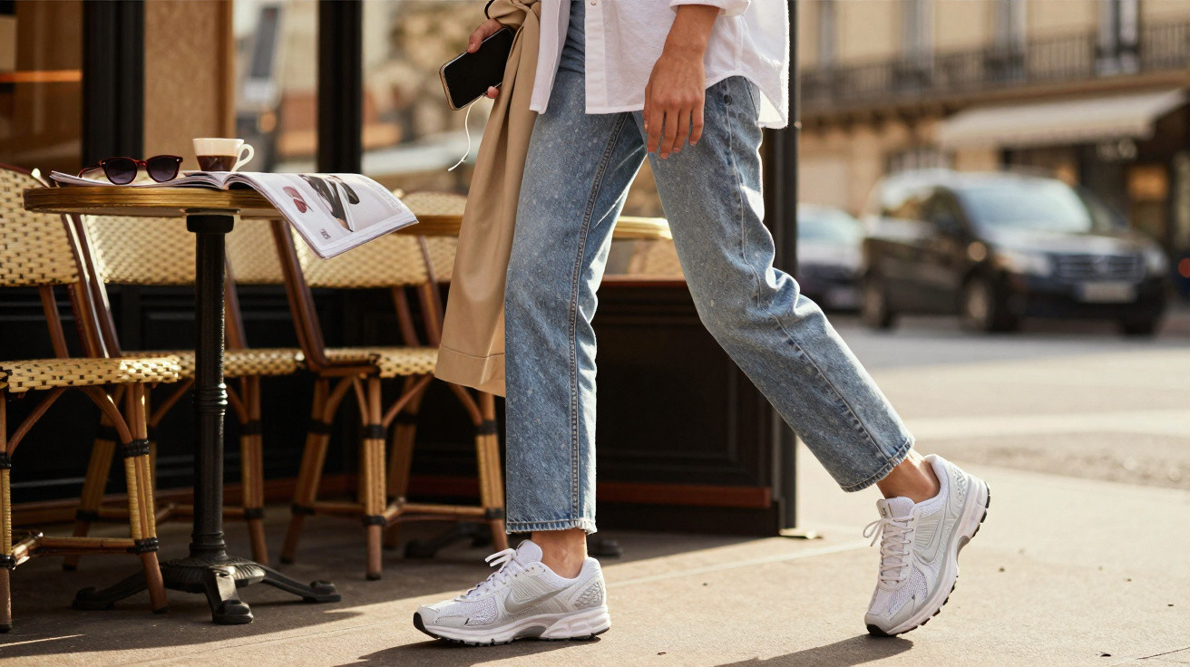 Pessoa caminhando com tênis branco e jeans próximo a mesa de café com revista aberta em rua urbana.