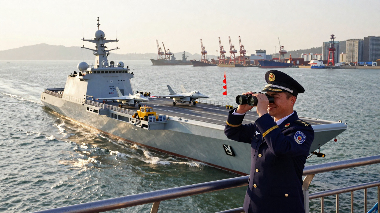 Oficial militar em uniforme observa com binóculo porta-aviões navegando em porto com guindastes e prédios ao fundo.