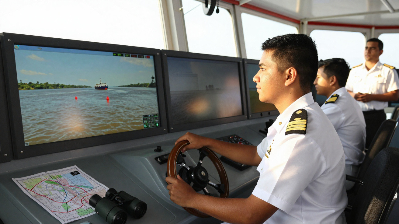 Jovens oficiais da marinha simulam navegação em computador com gráficos de barco e rio.