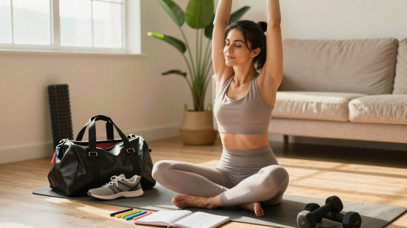 Mulher fazendo yoga sentada no chão com yogamat, bolsa, tênis, halteres e caderno em sala iluminada.