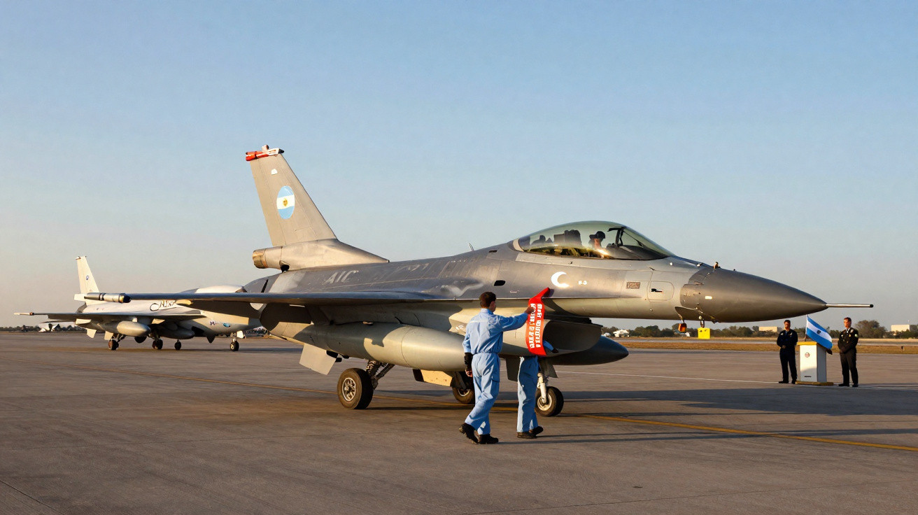 Caças militares argentinos estacionados em pista de aeroporto com militares realizando manutenção ao amanhecer.