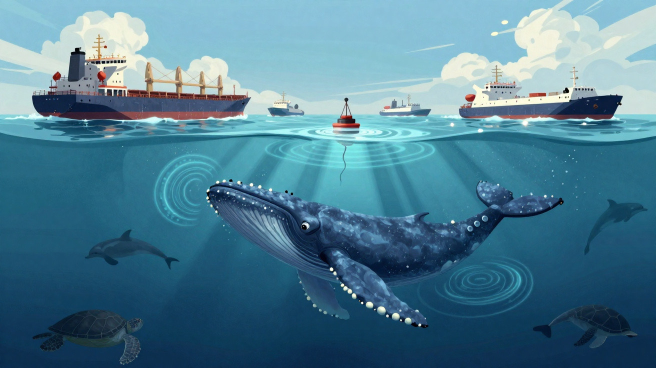 Ilustração marítima mostra baleia azul, tartarugas, golfinhos e navios na superfície do oceano.