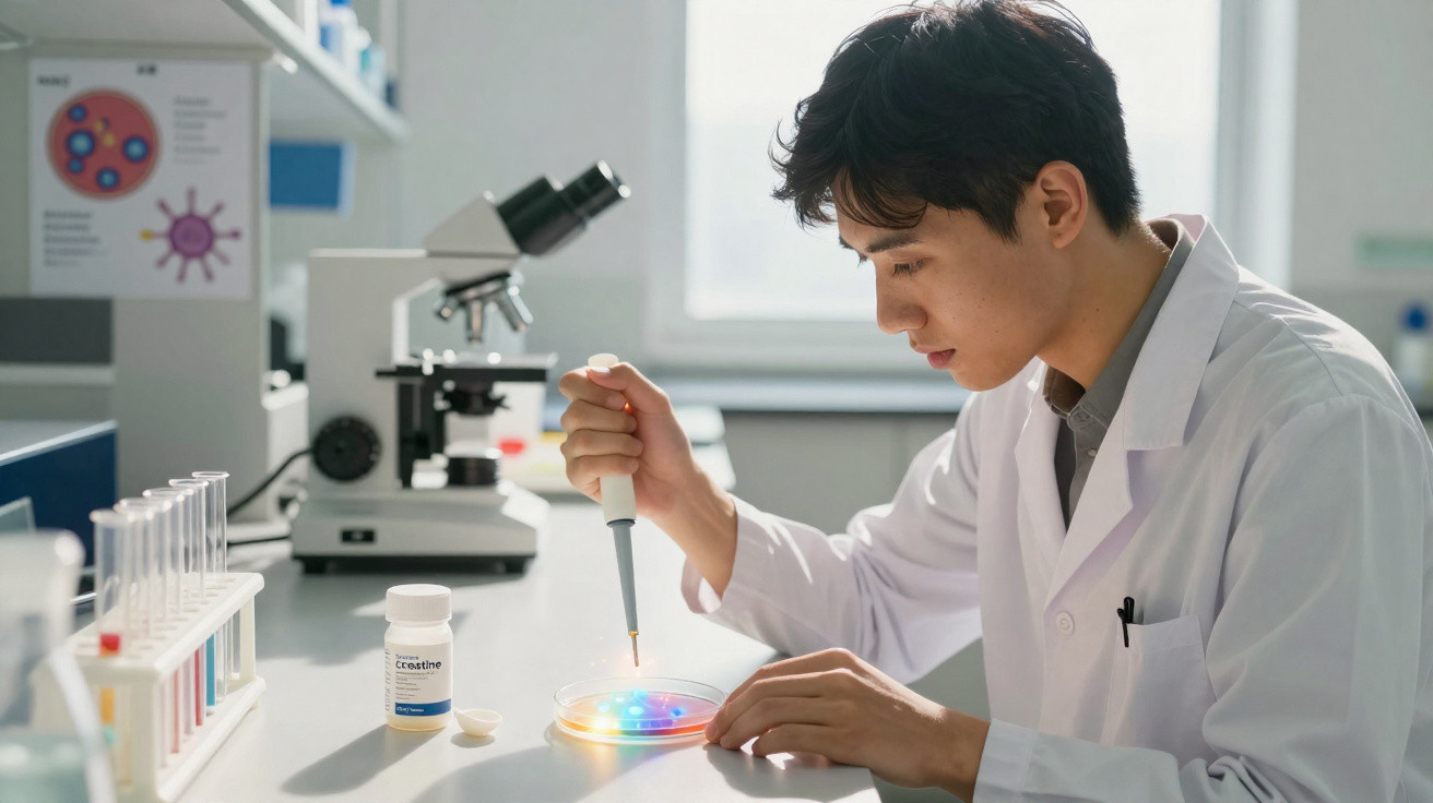Jovem cientista usando pipeta para manipular amostras coloridas em placa de Petri em laboratório.