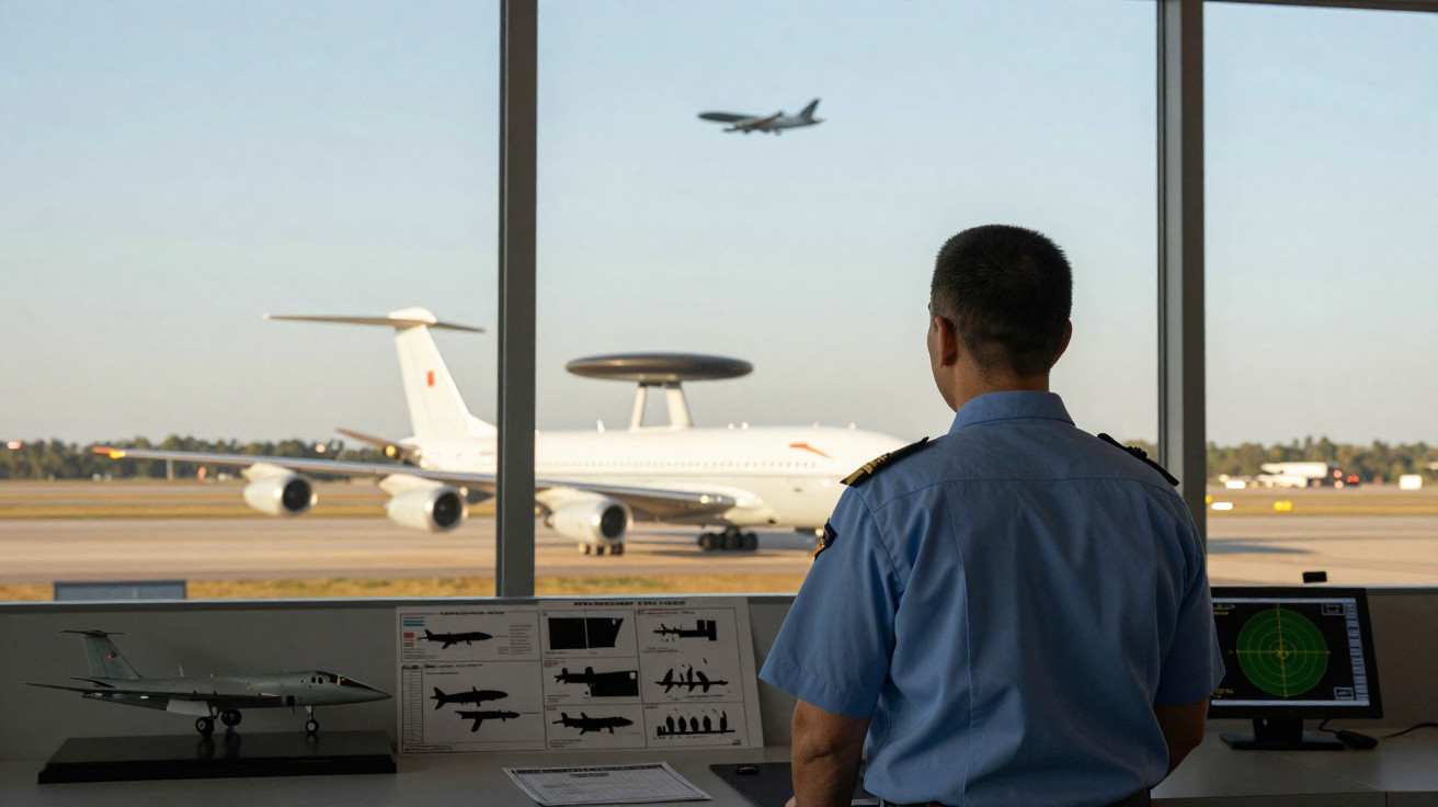 Homem em uniforme azul observa avião de reconhecimento no aeroporto através de vidro grande.