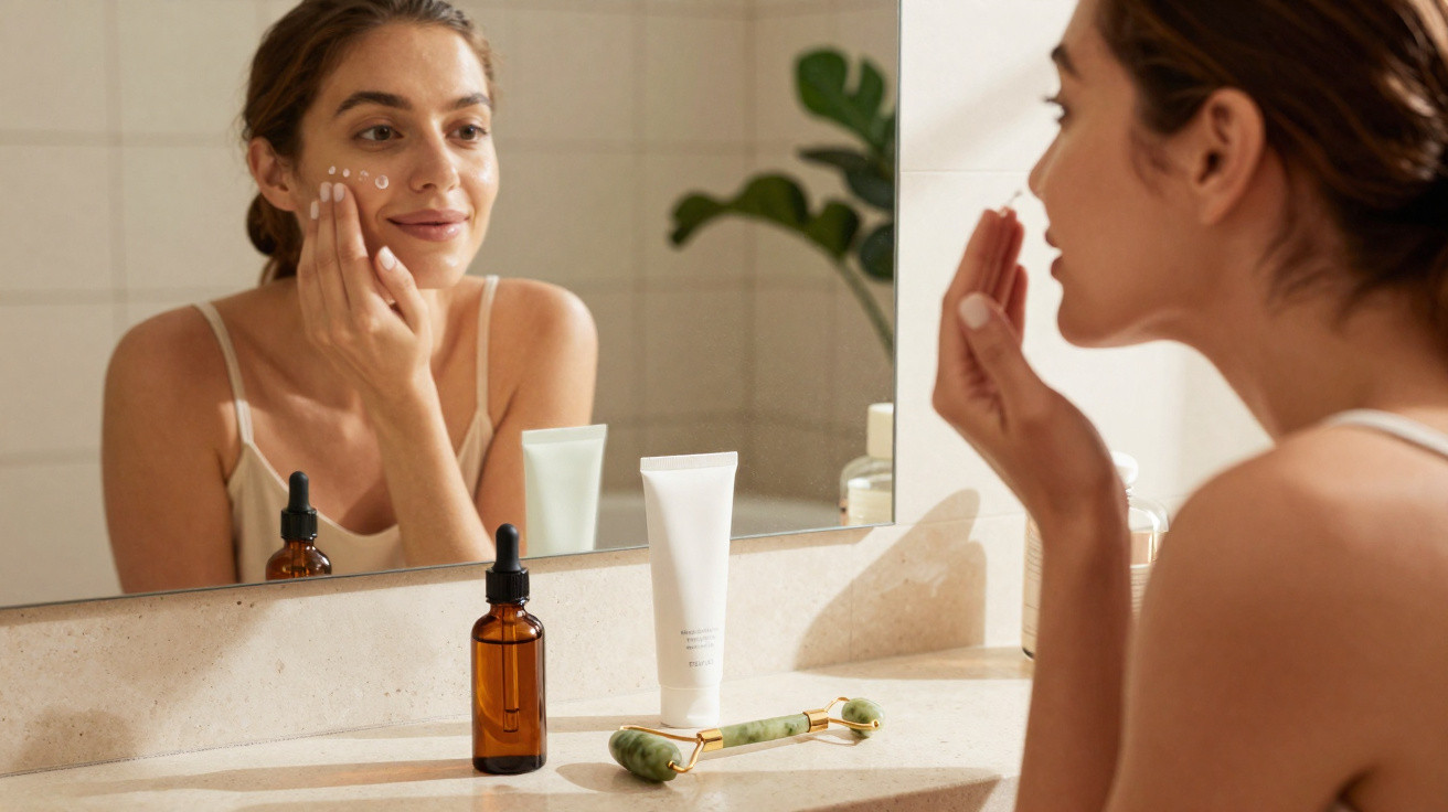 Mulher aplicando creme facial em frente ao espelho com itens de cuidados com a pele na bancada.