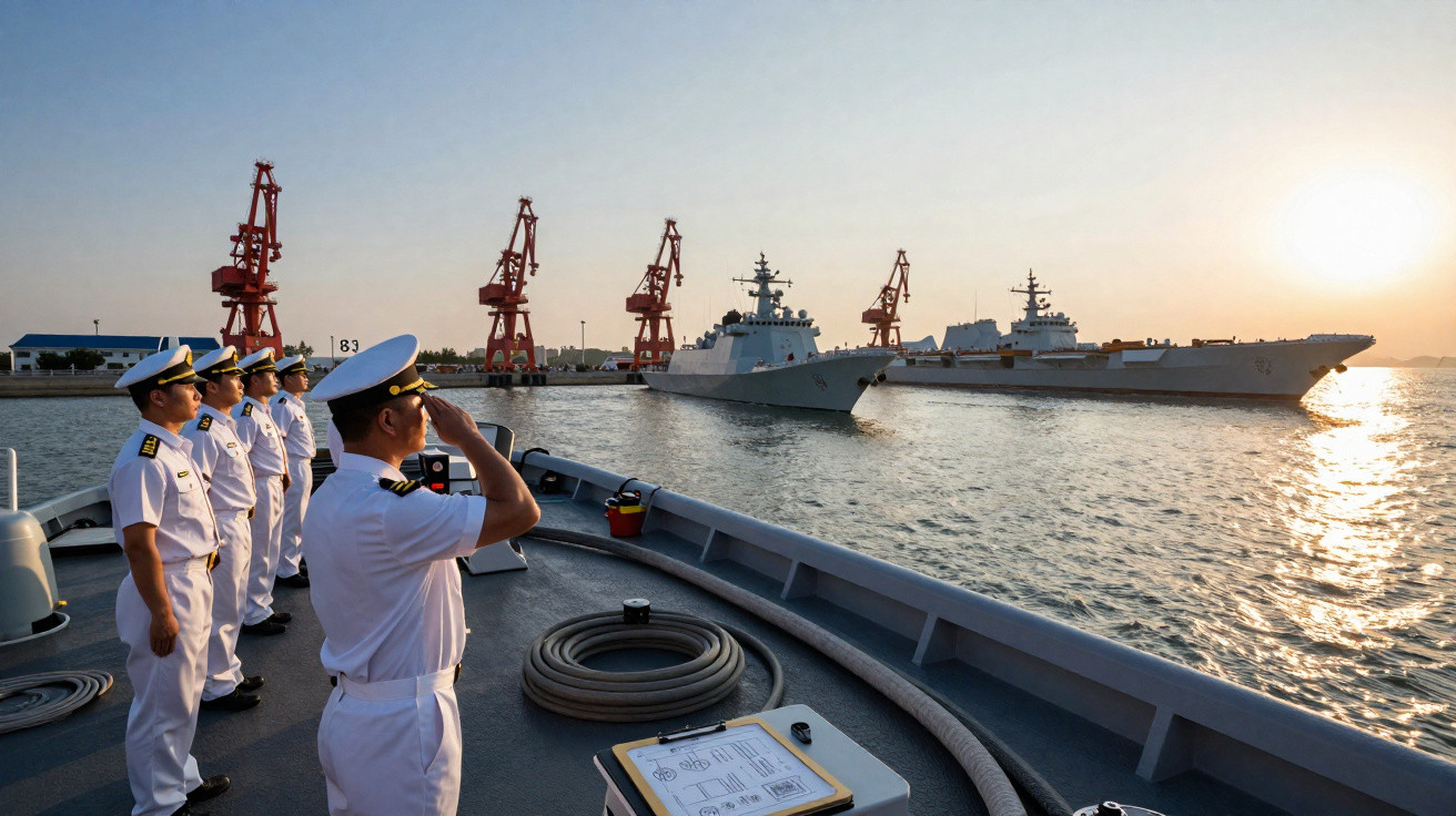 Marinheiros em uniforme branco saudando no convés de navio com dois navios de guerra e guindastes ao fundo no pôr do sol.