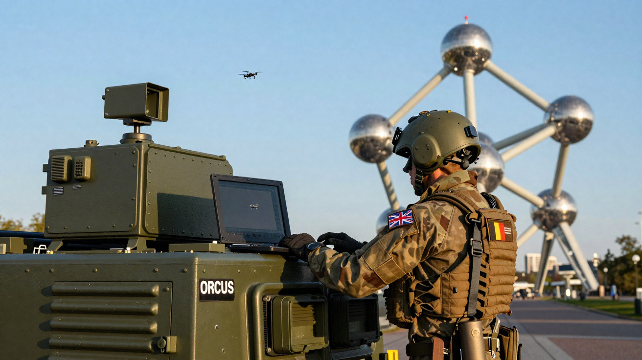 Soldado operando sistema ORCUS com drone em cenário urbano próximo ao Atomium, Bruxelas.