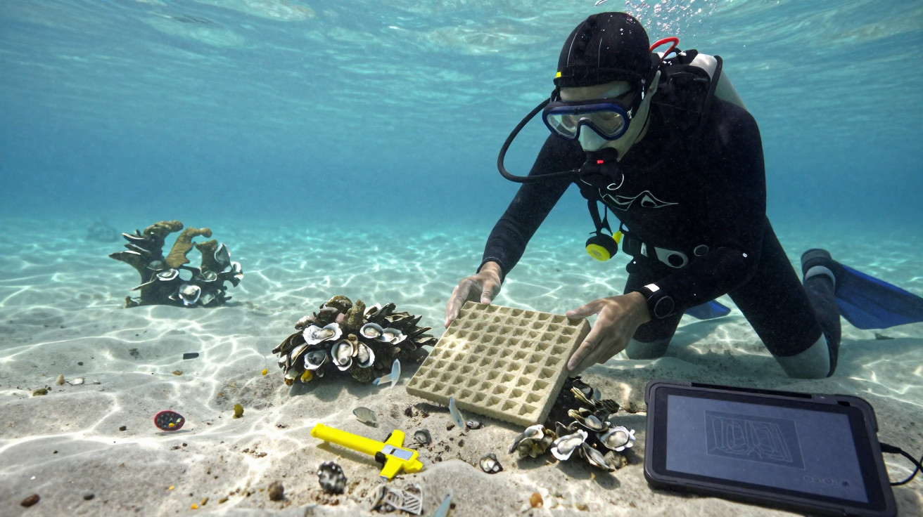 Mergulhador em equipamento de proteção manipulando estrutura para cultivo marinho no fundo do oceano.