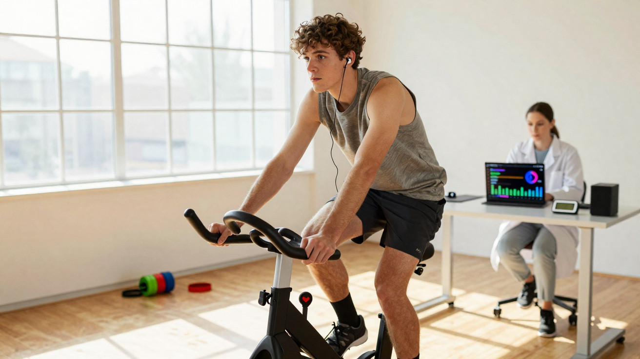 Homem pedala bicicleta ergométrica enquanto profissional monitora dados em laptop em ambiente de reabilitação.