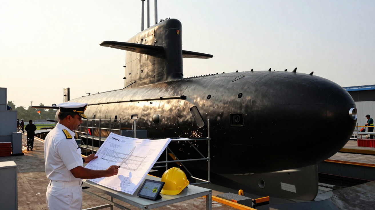 Homem com uniforme naval consulta planta ao lado de submarino preto em área externa de estaleiro.