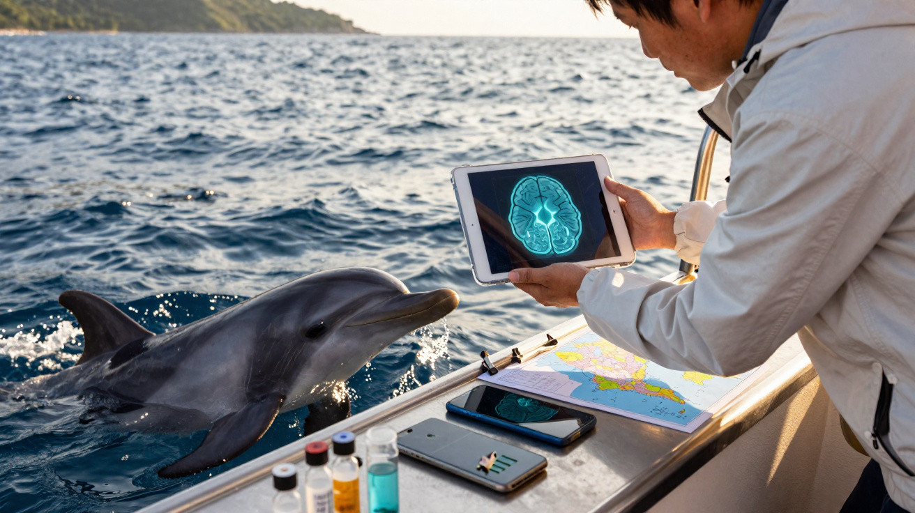 Pesquisador em barco segura tablet com imagem de cérebro diante de golfinho no mar aberto.