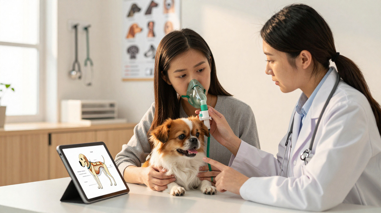 Veterinária examinando cachorro com máscara de oxigênio, mulher acompanhante ao lado e tablet com desenho anatômico do cão.