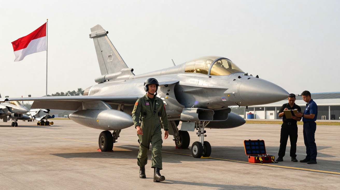 Caça militar estacionado no solo com piloto caminhando e equipe técnica ao lado em base aérea com bandeira ao fundo.