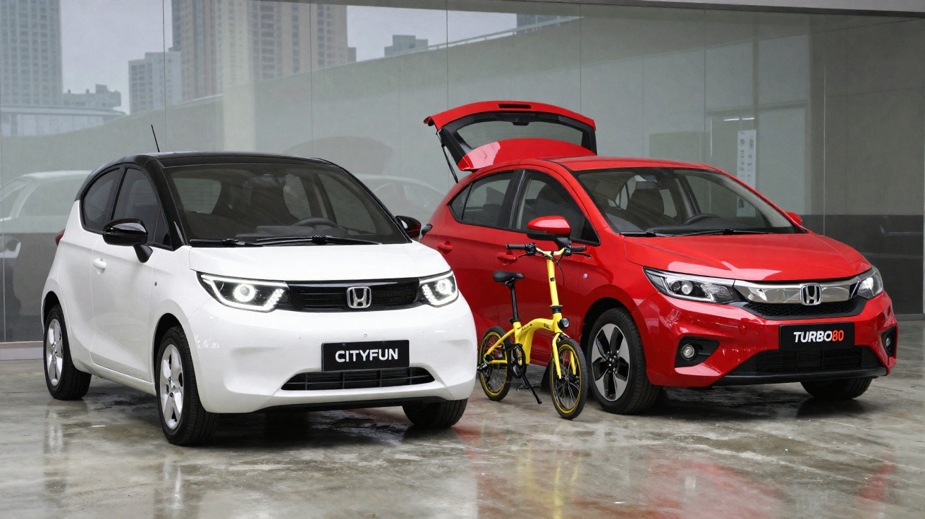 Dois carros Honda, um branco City Fun e um vermelho Turbo 80, com uma bicicleta amarela entre eles em piso molhado.