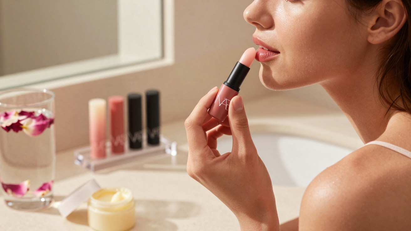 Mulher aplicando batom nude em frente ao espelho com potes de cosméticos sobre a bancada.