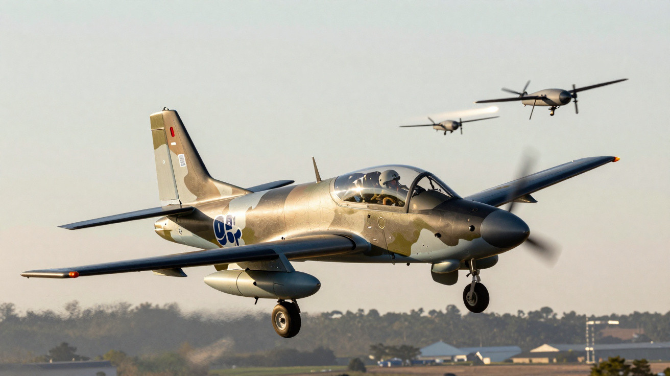 Avião militar de treinamento em voo, com drones no fundo e piloto com capacete dentro da cabine.