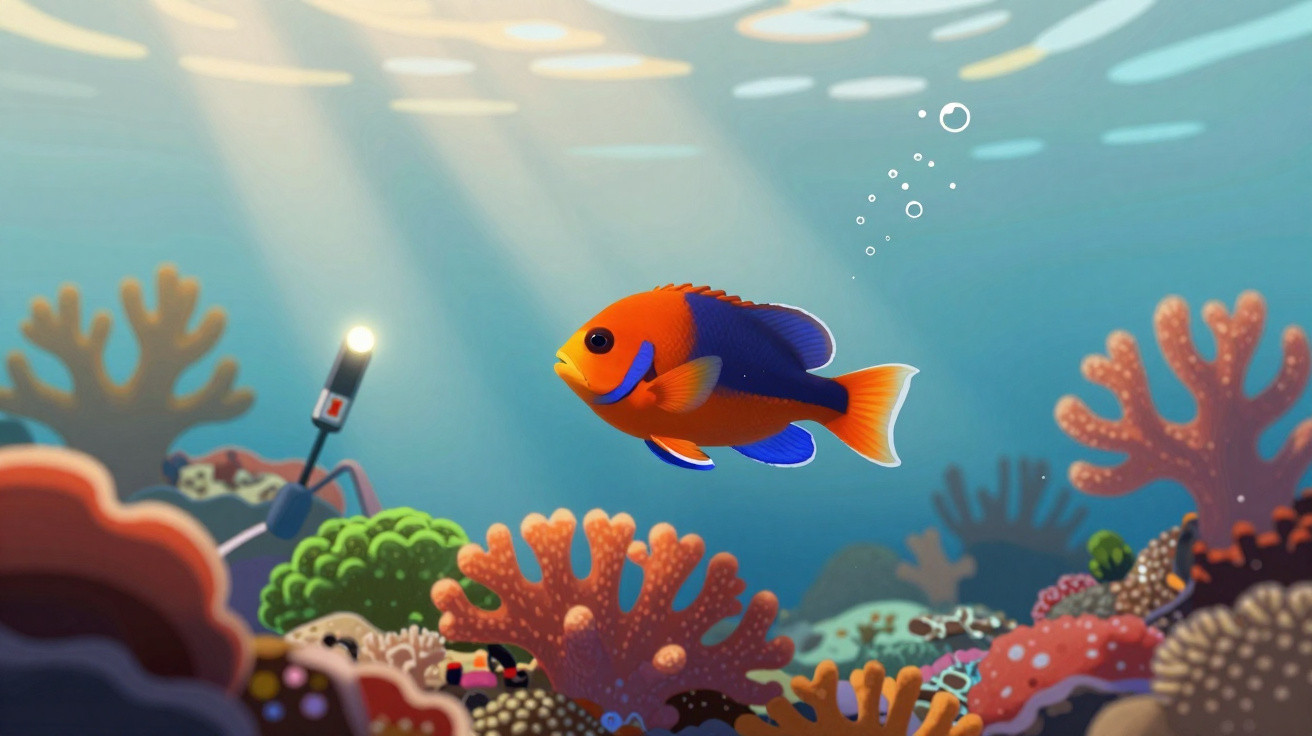 Peixe colorido nadando em recife de coral iluminado por luzes subaquáticas e bolhas na água.