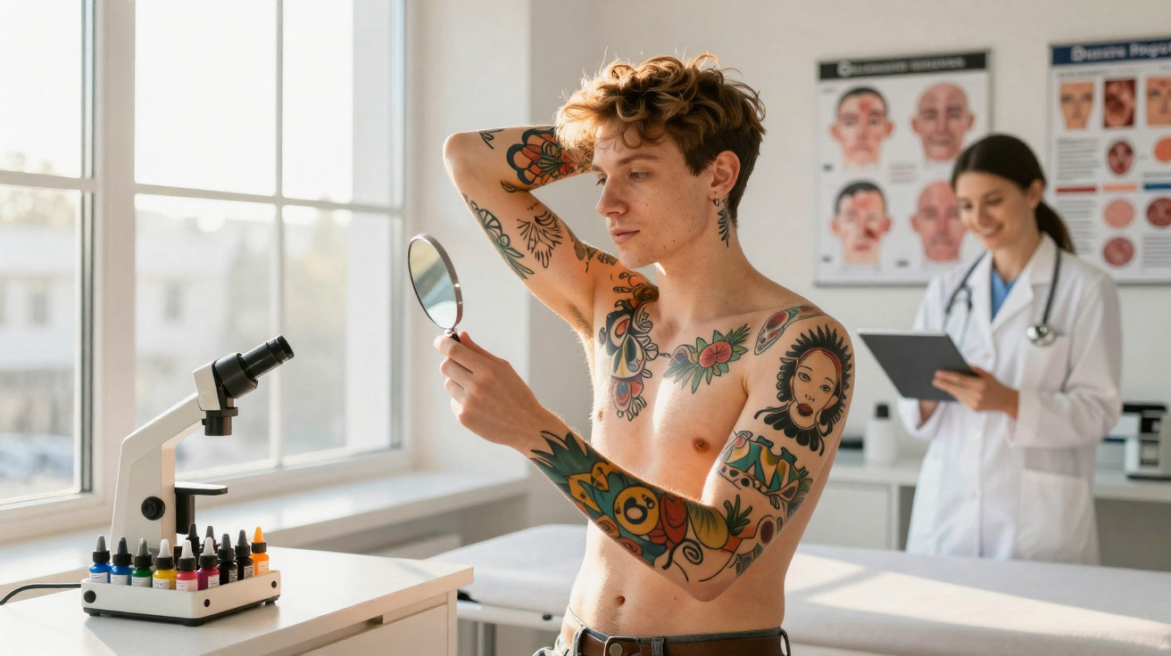 Homem tatuado observa sua pele no espelho enquanto médica com jaleco e prancheta sorri ao fundo em consultório.