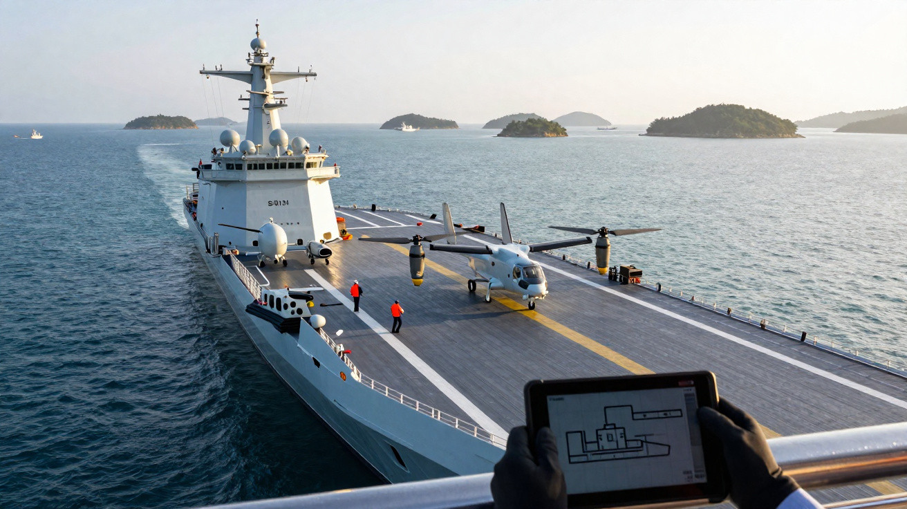 Porta-aviões naval com avião na pista, mar e ilhas ao fundo sob céu claro.