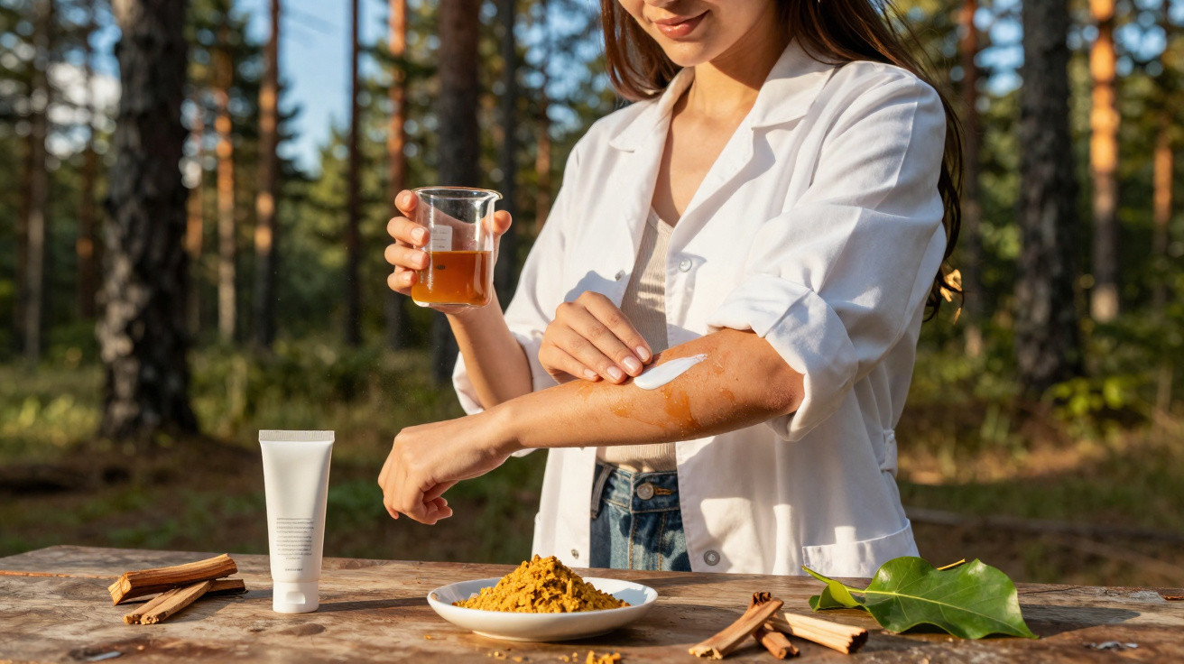 Mulher aplicando creme no braço com ingredientes naturais sobre mesa de madeira em floresta.