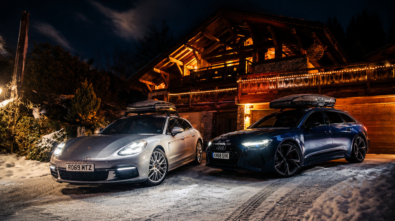 Dois carros de luxo estacionados na neve à noite em frente a uma casa de madeira iluminada.