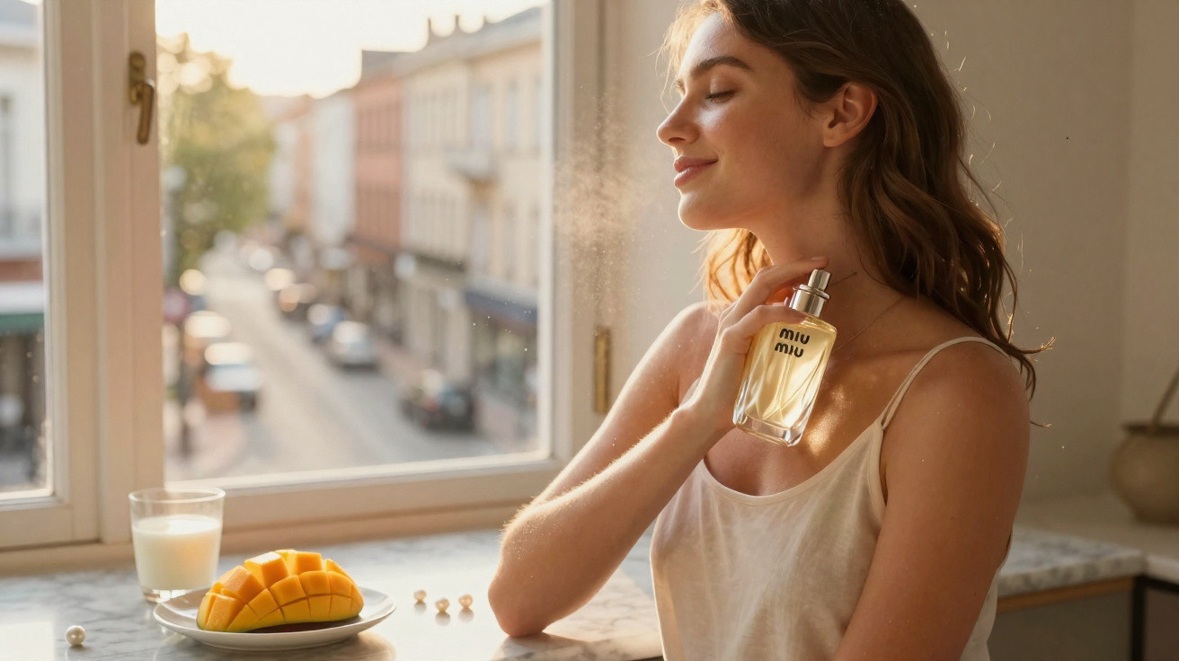 Jovem aplica perfume Miu Miu perto da janela, com manga cortada no prato e copo de leite ao lado.