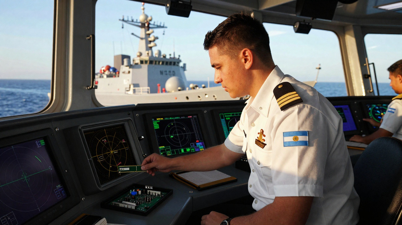Oficial naval argentino operando equipamentos de radar dentro da cabine de comando de um navio militar.