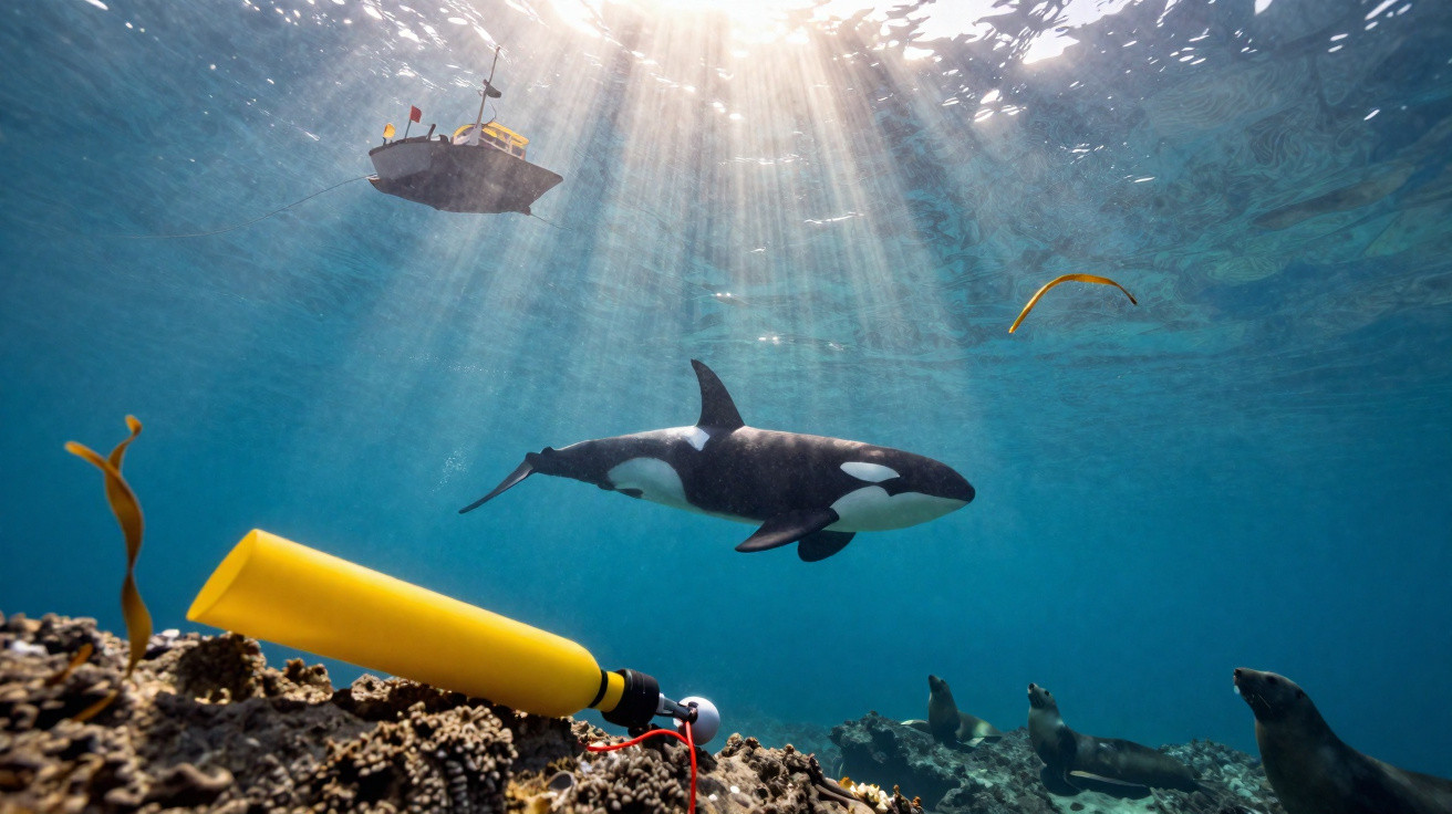 Orca nadando perto do fundo do mar com leões marinhos e barco na superfície sob raios de sol.