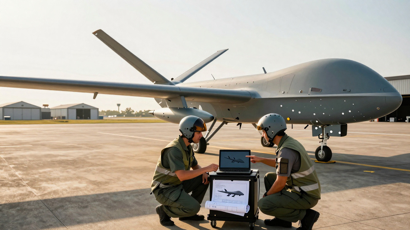 Dois militares com capacetes operam laptop em frente a drone cinza grande em base aérea durante o dia.
