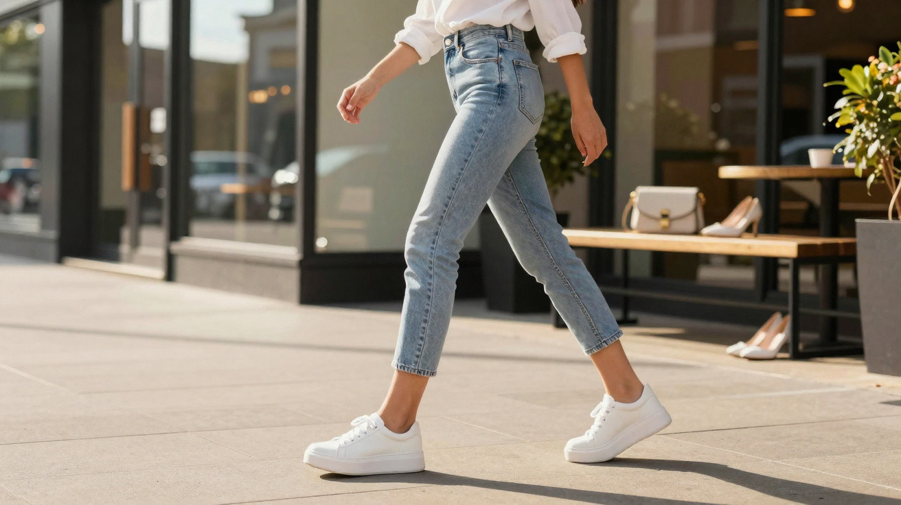 Pessoa caminhando na calçada usando jeans, tênis branco e camisa branca com mangas dobradas.