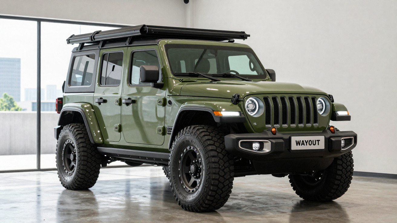 Jeep verde militar com pneus off-road robustos, teto retrátil e placa com nome "WAYOUT" em showroom.