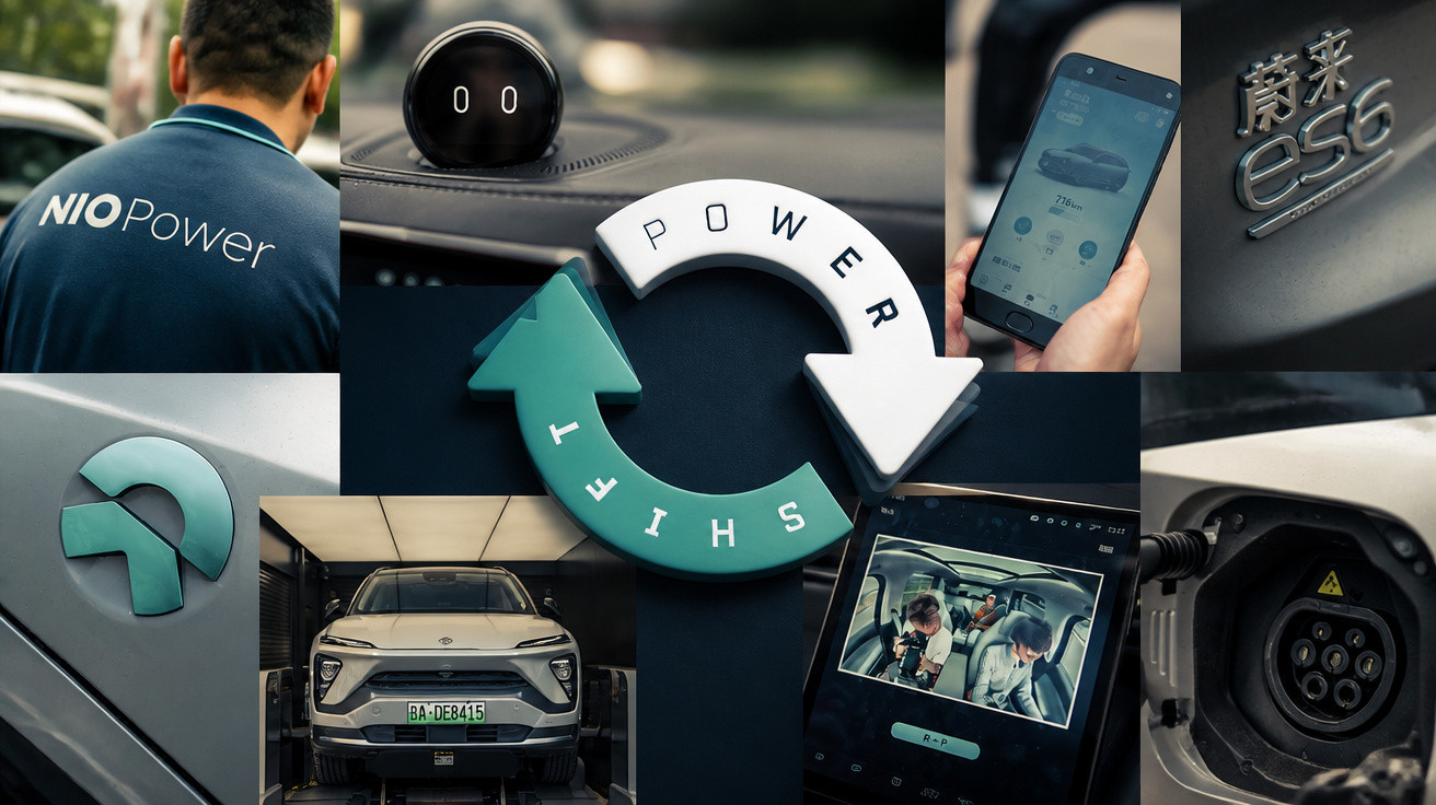 Colagem de detalhes e tecnologias do carro elétrico NIO ES6, incluindo aplicativo, carregador e símbolo Power Shift.