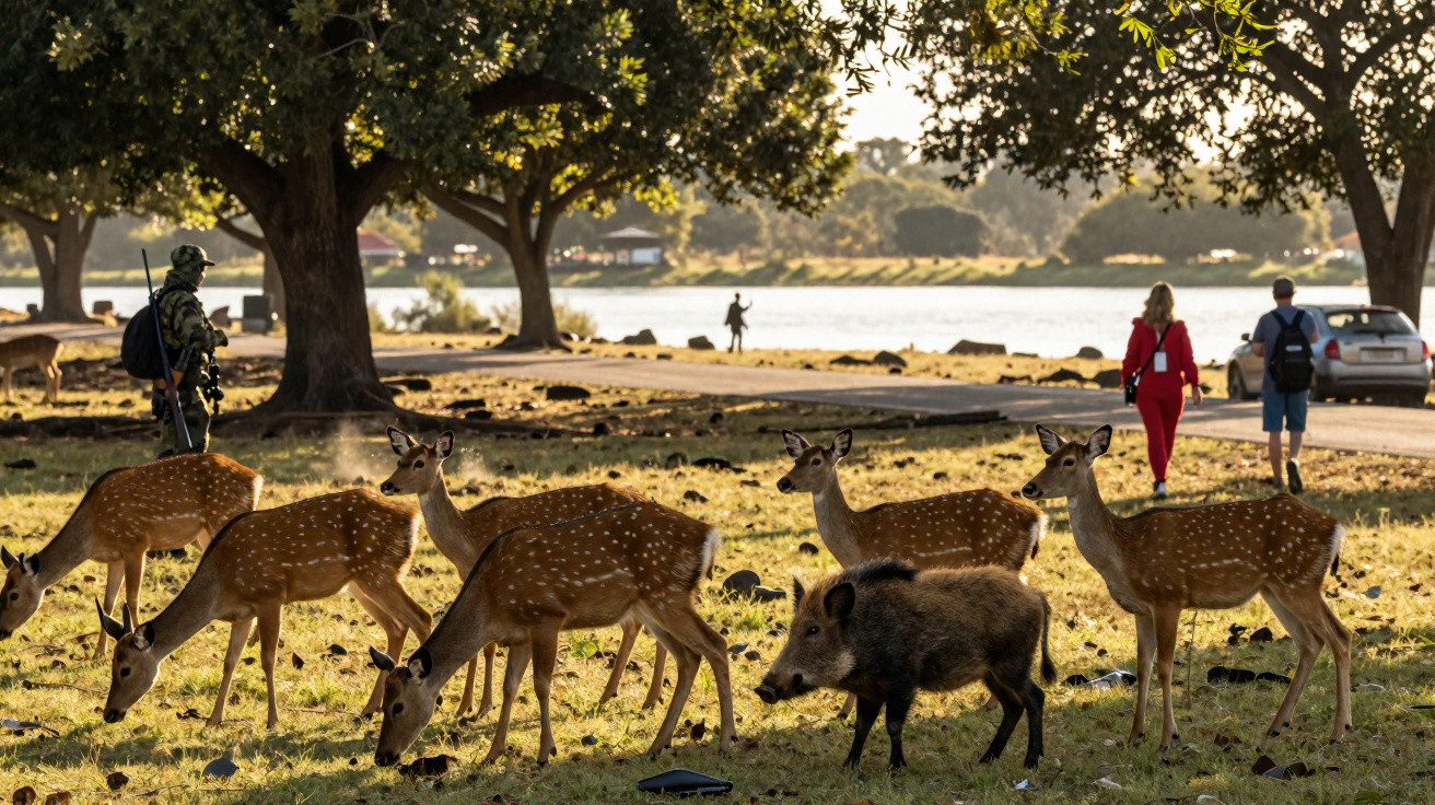 Veado com manchas brancas e um javali no parque perto de pessoas e árvores, com lago ao fundo.