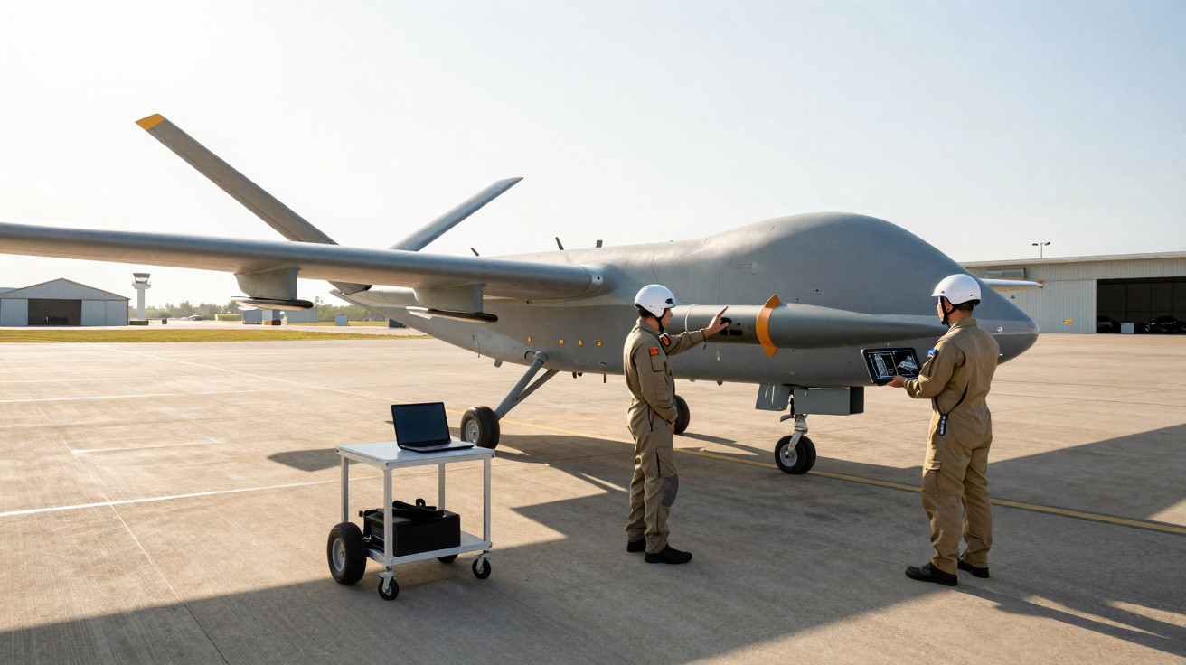 Dois técnicos em uniforme e capacete inspecionam um drone militar cinza em pista de aeroporto.