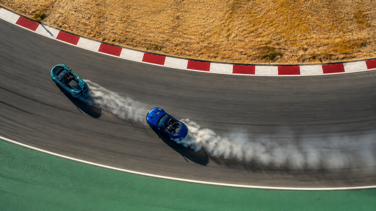 Dois carros esportivos azuis derrapando em curva de pista de corrida vista aérea.