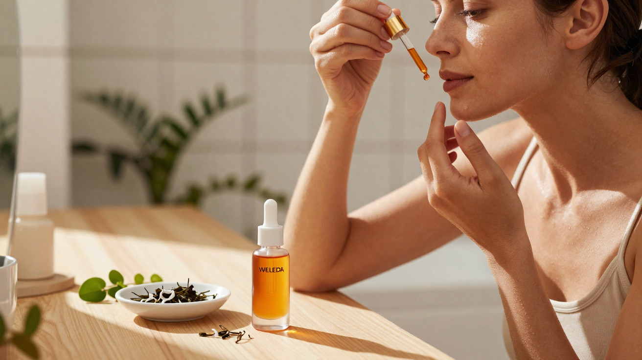 Mulher aplicando sérum facial com conta-gotas, ao lado de garrafa e pétalas em prato na mesa.