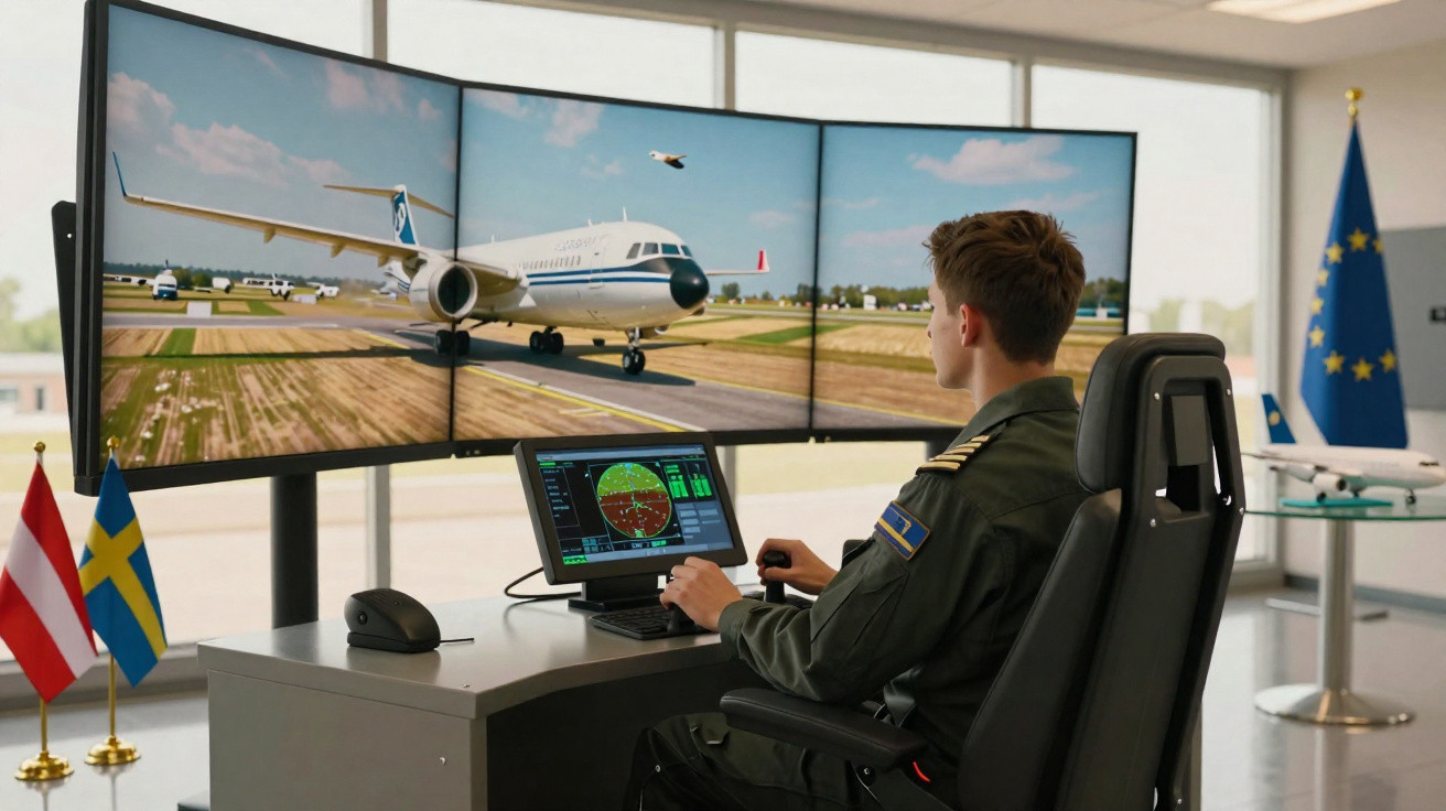 Homem em uniforme opera simulador de controle de tráfego aéreo com três telas grandes exibindo avião.
