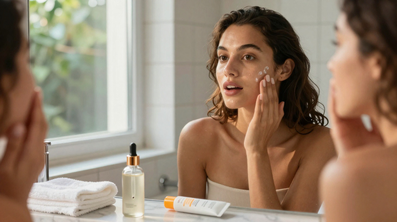 Mulher aplicando creme facial em frente ao espelho no banheiro durante o dia.