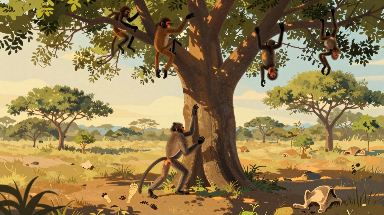 Macacos subindo e pendurados em árvore grande em savana ao entardecer.