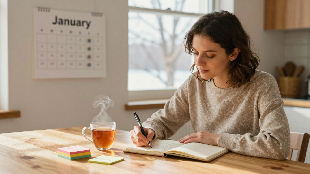 Mulher sentada à mesa escrevendo em um caderno, com chá quente e calendário de janeiro ao fundo.