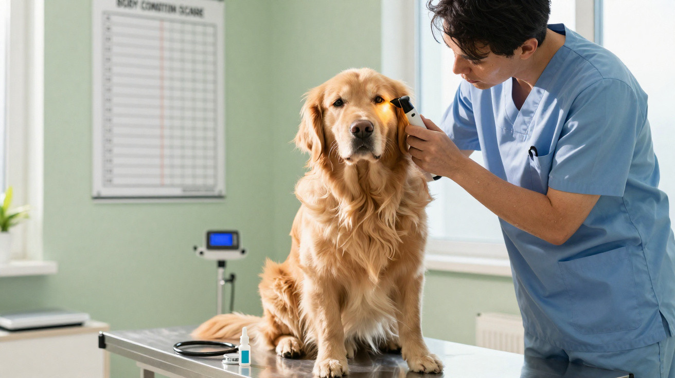 Veterinário examina o ouvido de um cachorro da raça Golden Retriever em clínica veterinária.