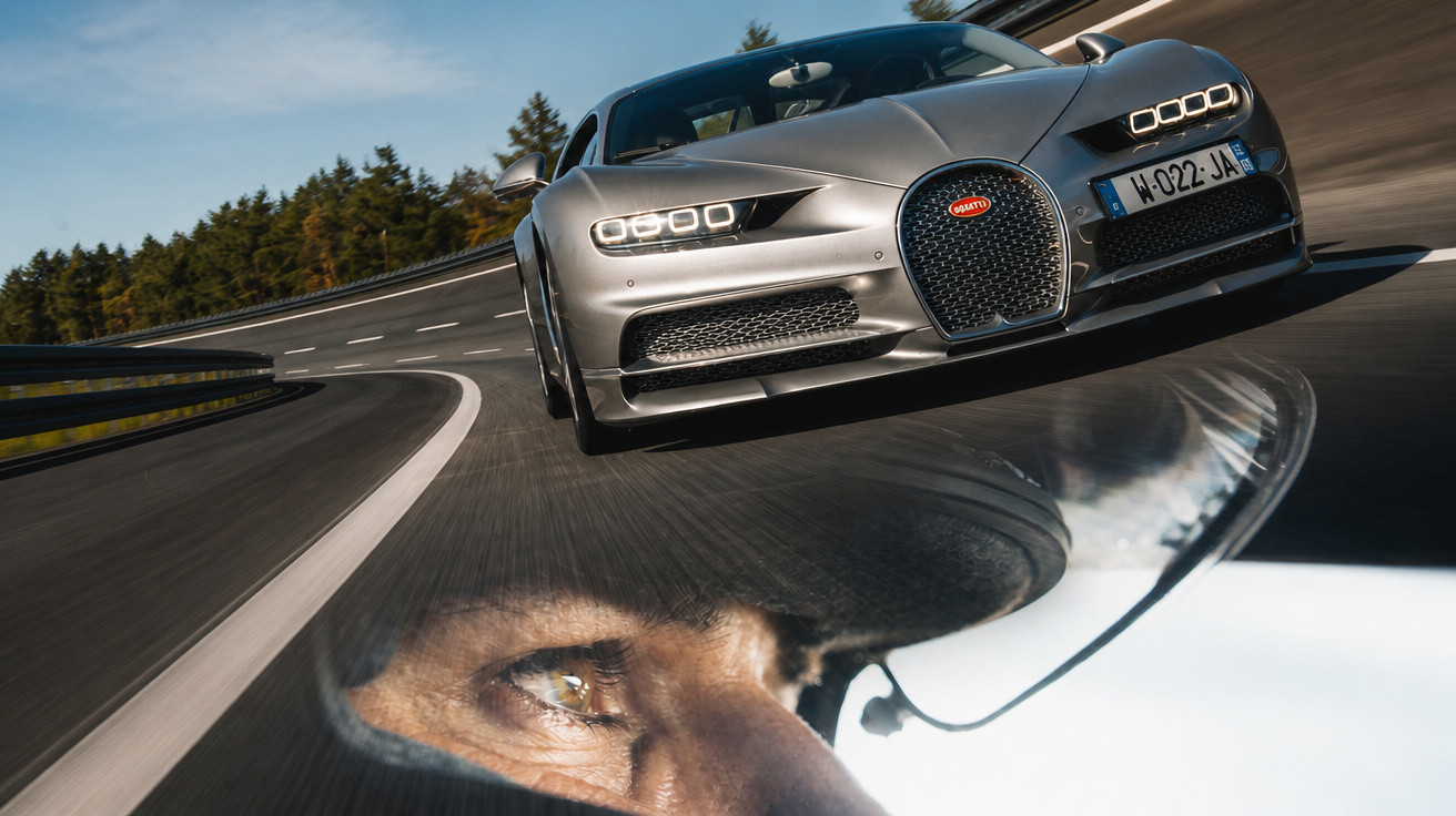 Carro esportivo Bugatti prateado em alta velocidade em pista, com reflexo do rosto do motorista no espelho.